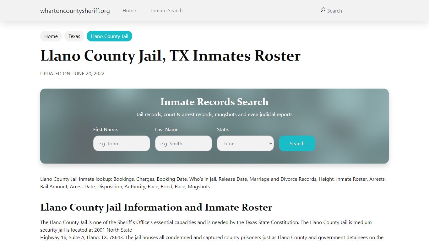 Llano County Jail, TX Jail Roster, Name Search